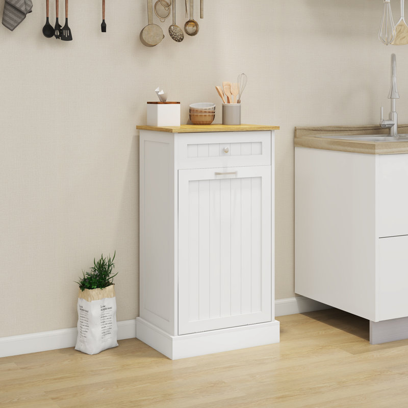 White Wooden 10 Gallon Pull-Out Trash Cabinet with Drawer