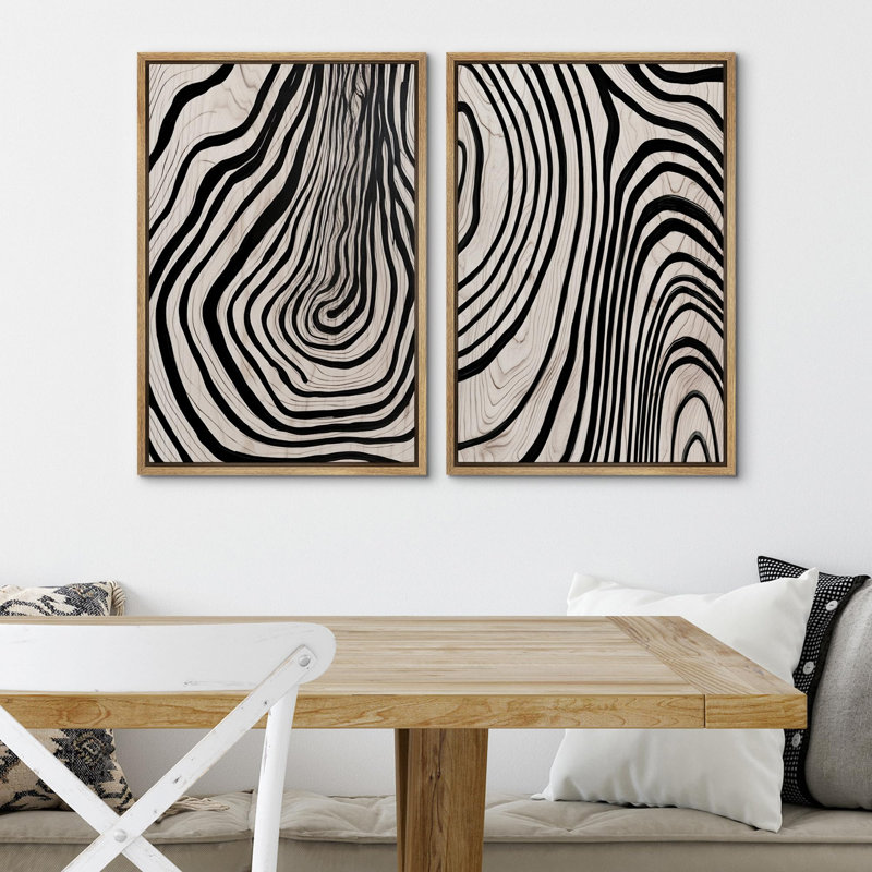 Mid-Century moderne noir et blanc géométrique en spirale abstrait art moderne minimaliste, décor neutre 2 pièces, Naturel