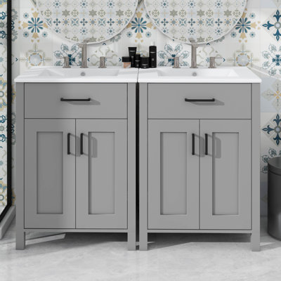 Contemporary 48 Inch Bathroom Vanity Set With Ceramic Basin Combo Lavatory Storage Unit With Flip Out Drawer And Double Tier Door Shelves