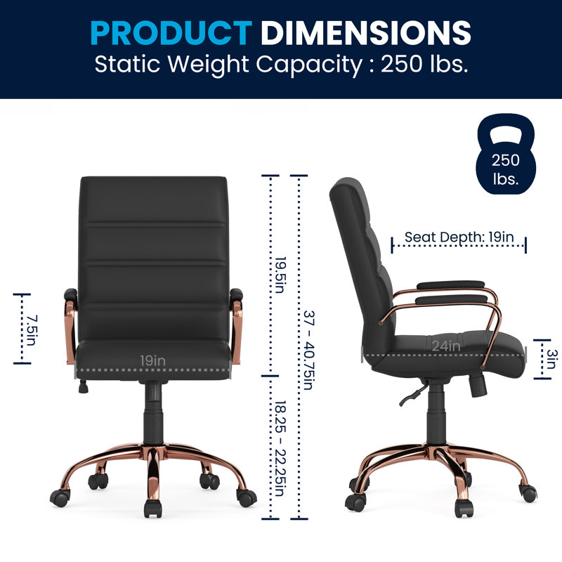 Whitney Ergonomic Upholstered Mid-Back Swivel Office Chair, Rose Gold, Black Faux Leather