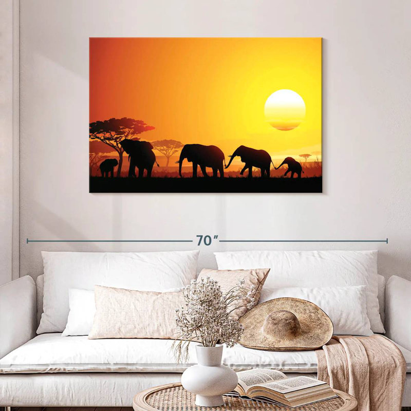 Elephant Herd At Sunset, 30" H x 45" W