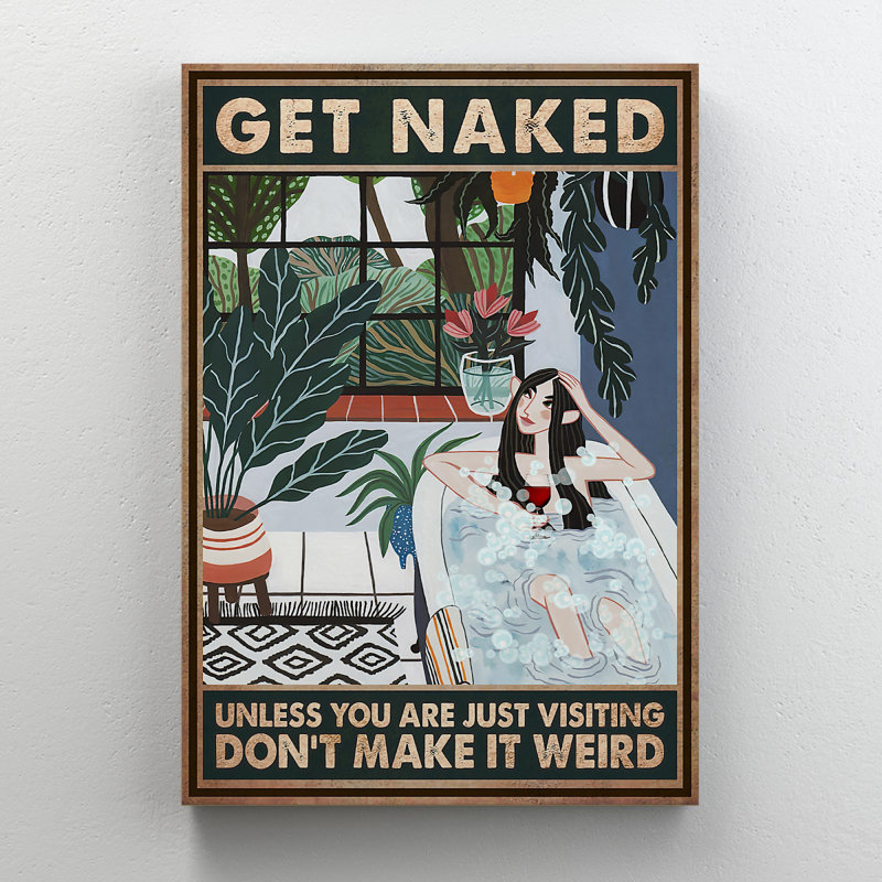 «Girl In Her Bathroom» - Toile nue tendue sur toile - Décoration de salle de bain et de lessive, vert foncé et blanc