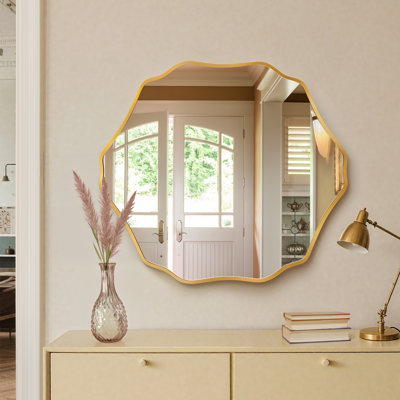 Irregular Wavy Hd Tempered Glass Vanity Mirror With Aluminum Alloy Frame