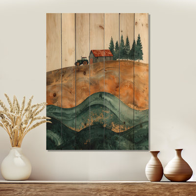 Grange avec paysage de tracteur sur un dessus de brun III - Décoration murale en bois de ferme - sur bois de pin naturel
