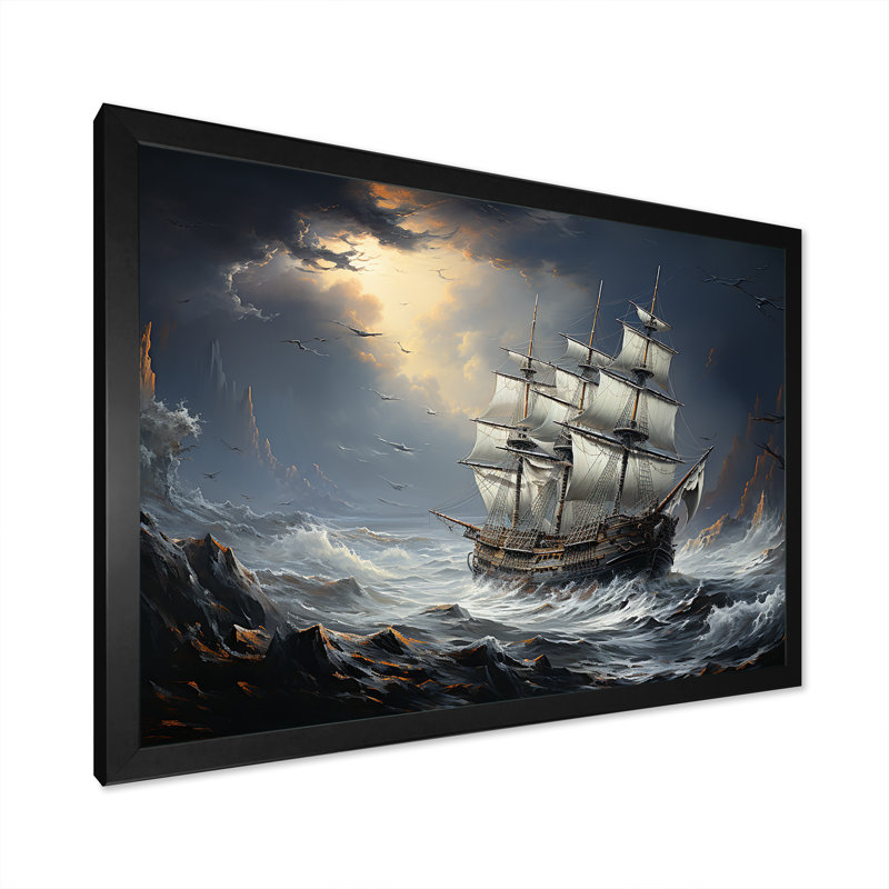 Pirate Ship At Stormy Seas I On Canvas Print, 30" H x 40" W x 1.5" D, Black Single Picture Framed