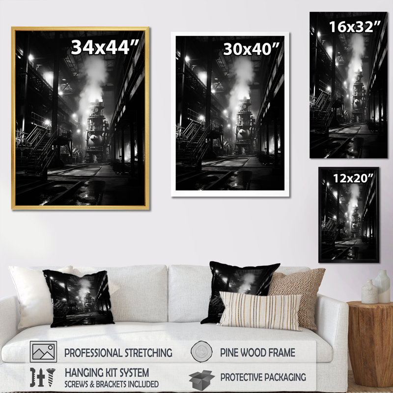 Paysage industriel en obsidienne - reproduction, Cadre doré simple, H 20 po x l 12 po x P 1 po