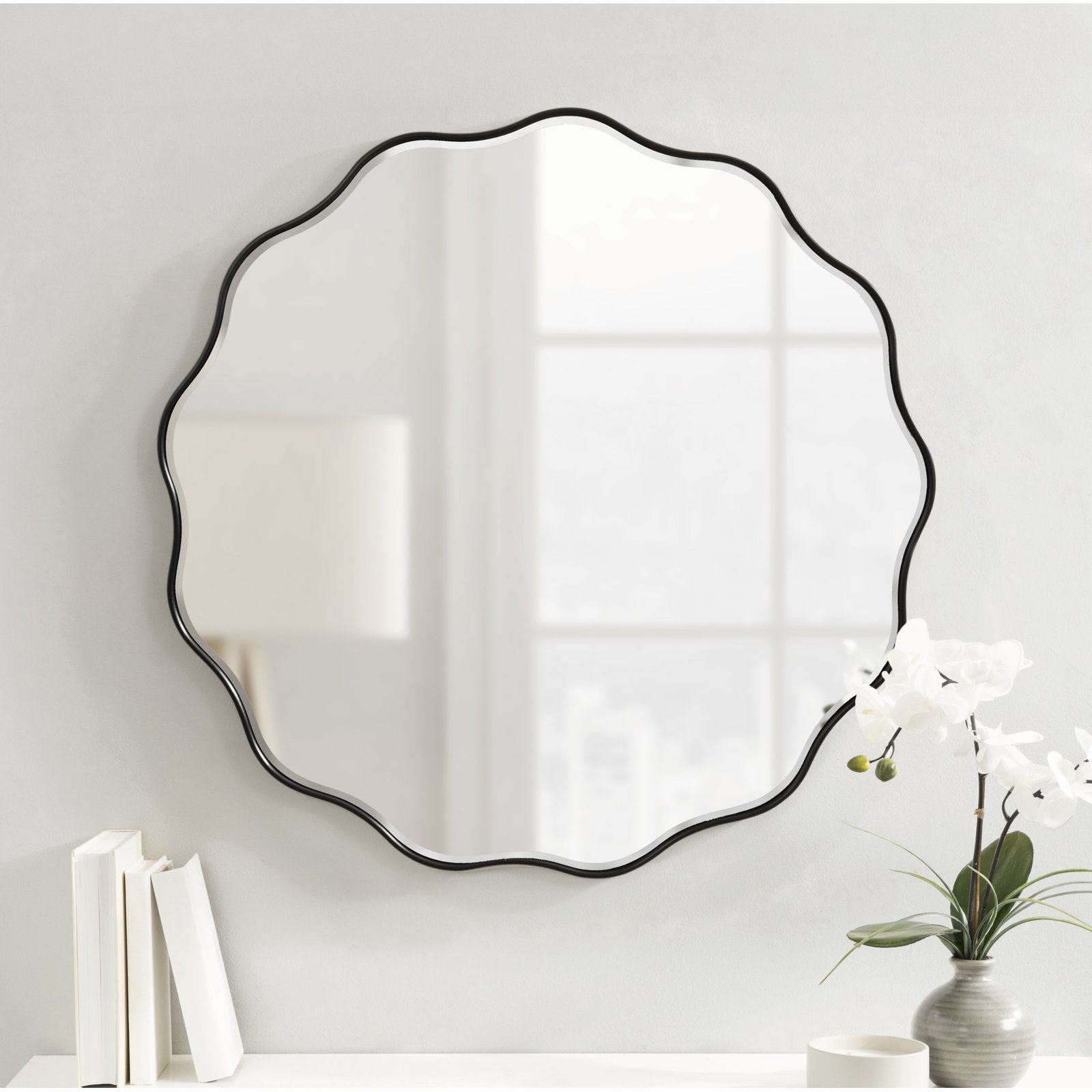 Francina Scalloped Mirror, 32" x 32", Black