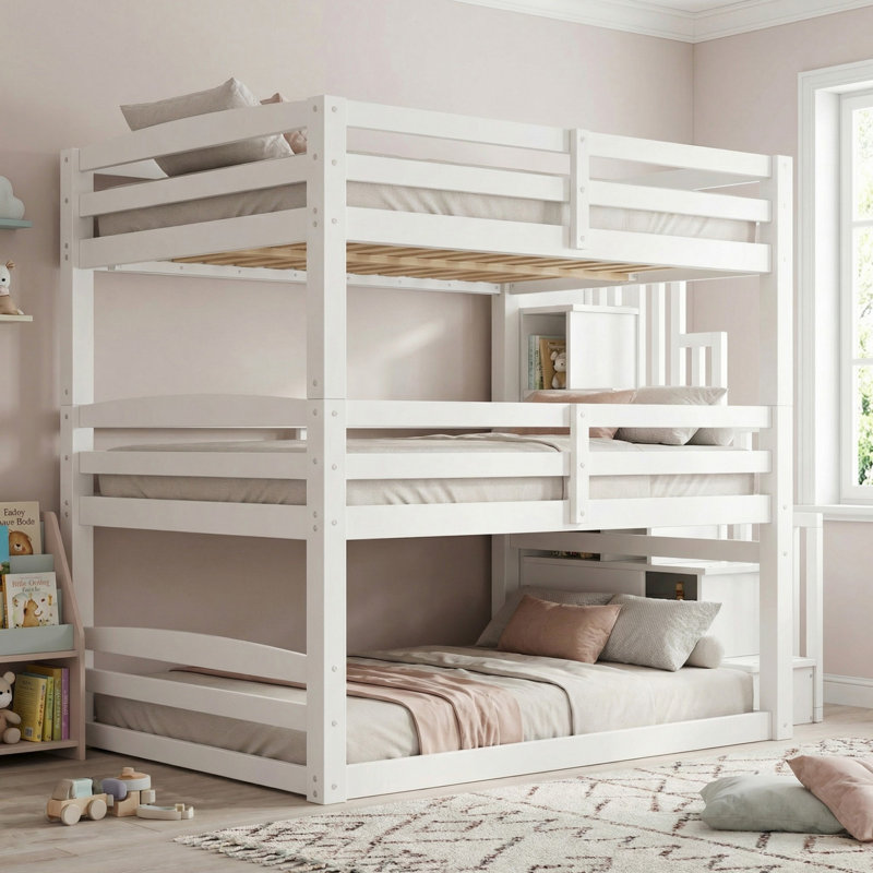 Lit superposé double au-dessus de double en bois massif, lit superposé triple double avec escalier de rangement pour la chambre à coucher