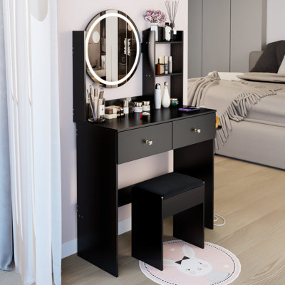 Table de coiffeuse et tabouret à DEL 17 po, 3 couleurs de miroir à luminosité réglable, 2 prises AC + intégrées, grand miroir, interrupteur tactile, rangement multi-couches, conception américaine, rond de 14,2 po de couleur