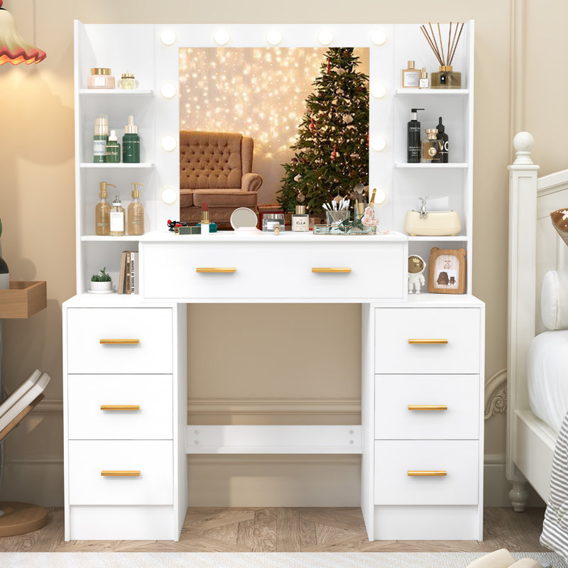 Table de coiffeuse avec miroir et lumières, bureau de coiffeuse avec 6 tablettes, 7 tiroirs avec poignée dorée, coiffeuse de maquillage pour la chambre à coucher