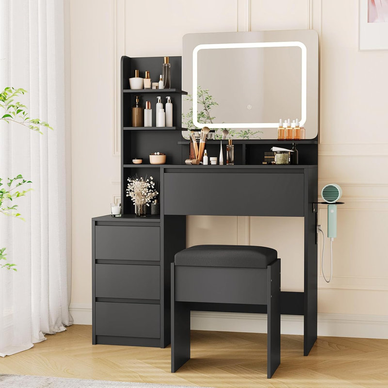 Bureau de coiffeuse avec miroir, lumières DEL et prise de courant - Comprend un tabouret, 4 tiroirs et tablettes - Noir