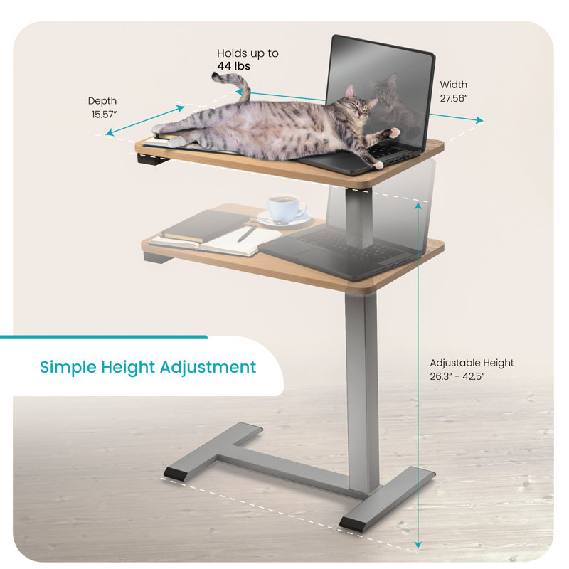 Overbed Bedside Table Adjustable Height From 26.3 Inches To 42.5 Inches, Hidden Caster 360 Rotate, Electric Powered By Usb-C Rechargeable Battery, Oak Colour