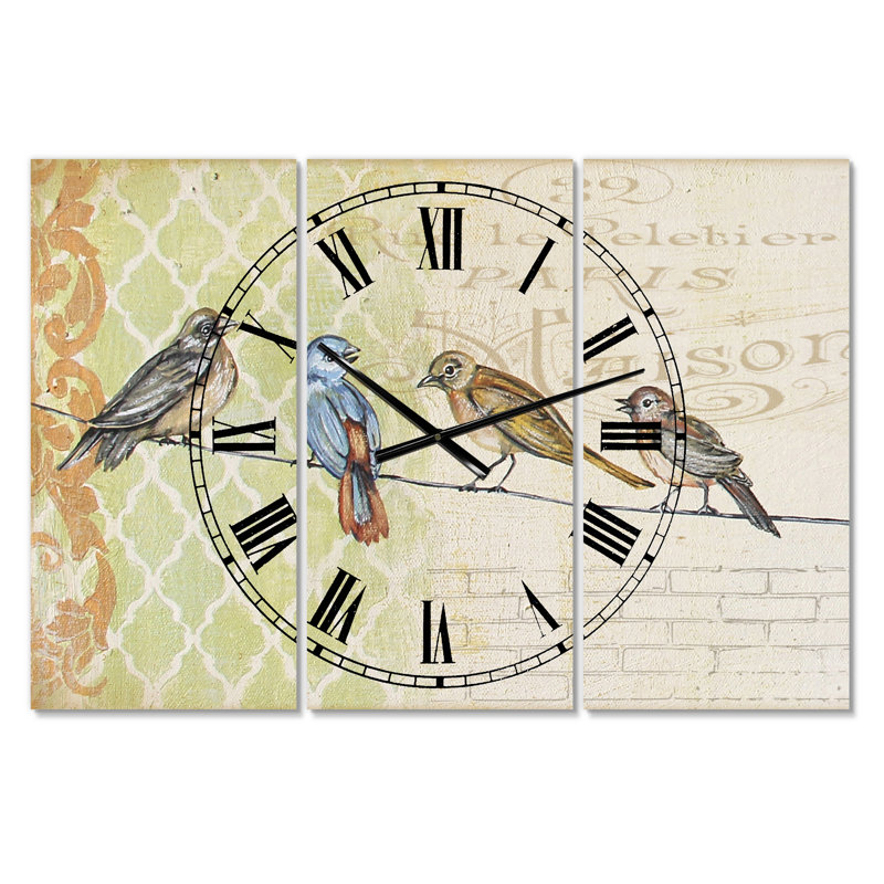 Horloge murale 3 panneaux Birds Gathered On Wire Paris II - Large Cottage