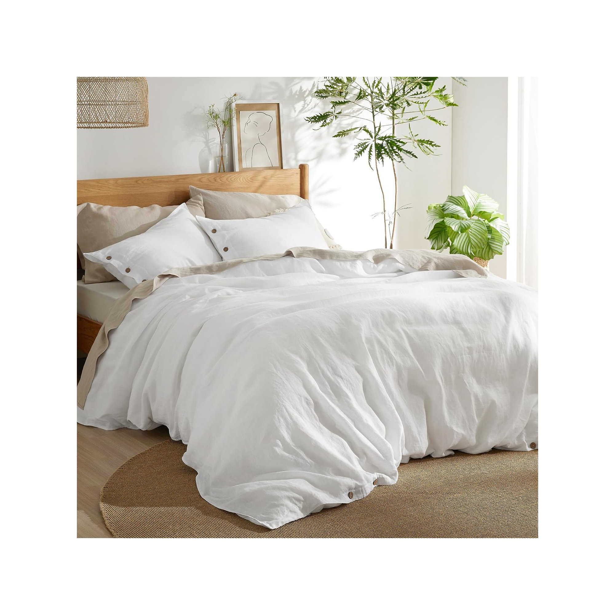 Bedsure Linen Cotton Blend Duvet Cover Set, King Duvet Cover + 2 King Pillowcases, White