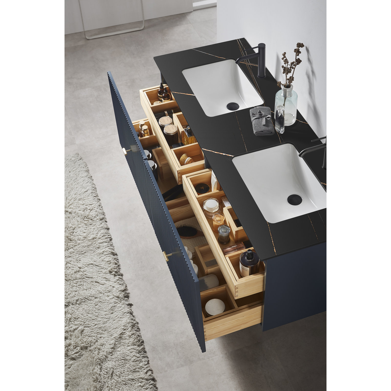 Jamell 60'' Double Bathroom Vanity, Dark Blue, Black