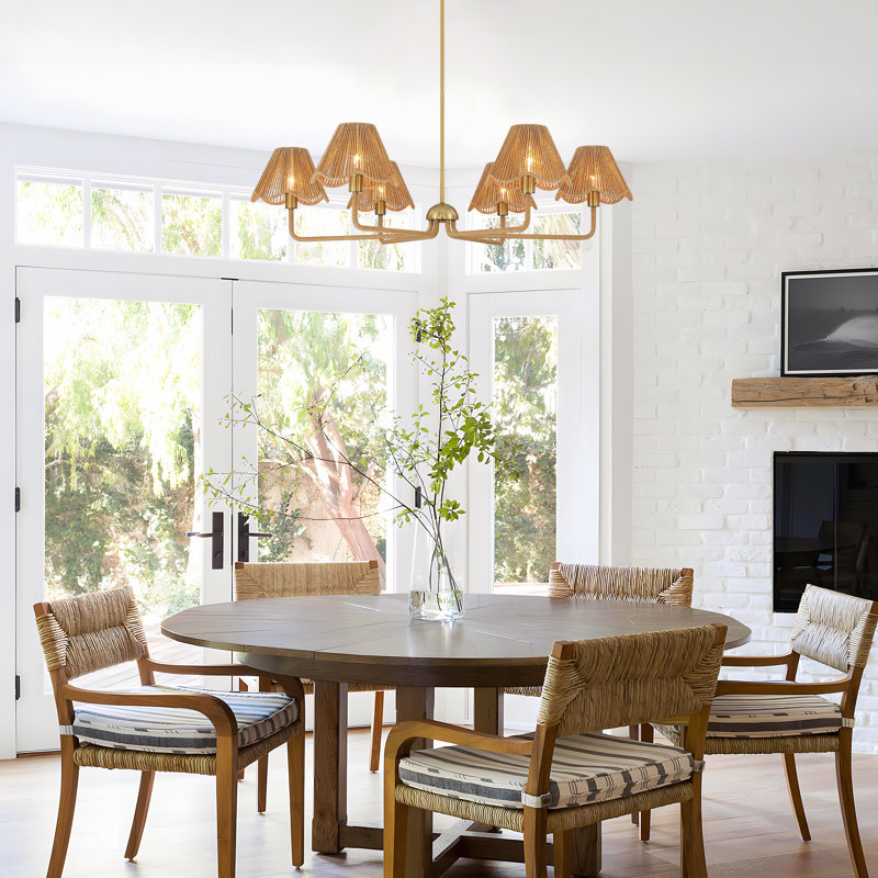 Lustre 6 lumières de style bohémien de 38,98 po avec abat-jour en rotin tissé à la main pour îlot de cuisine, salle à manger, vestibule, pouvant être installé sur un toit incliné
