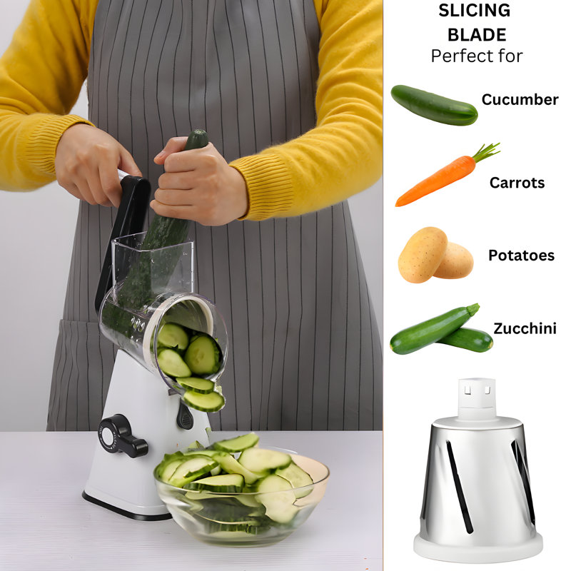 White and Black Multipurpose Rotary Cheese Grater with Stainless Steel Blades