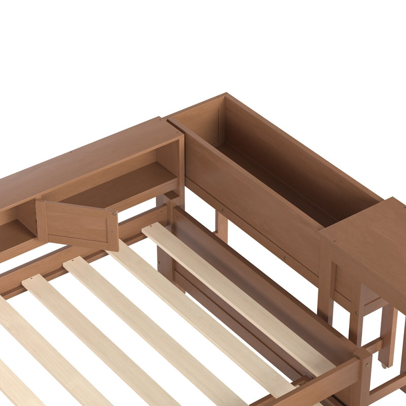 Daybed With Trundle,Wood Daybed Frame with Storage Drawers,Side Shelves and Desk, Twin, Brown