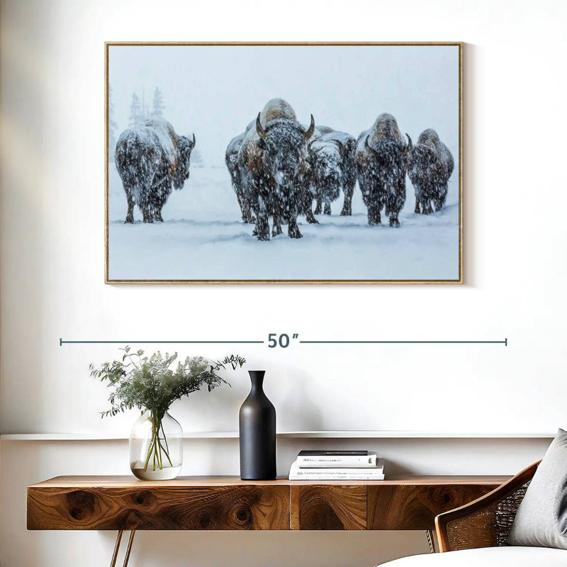 Bisons dans le parc national de Yellowstone, Cadre flottant en bois naturel, 40 po x 27 po