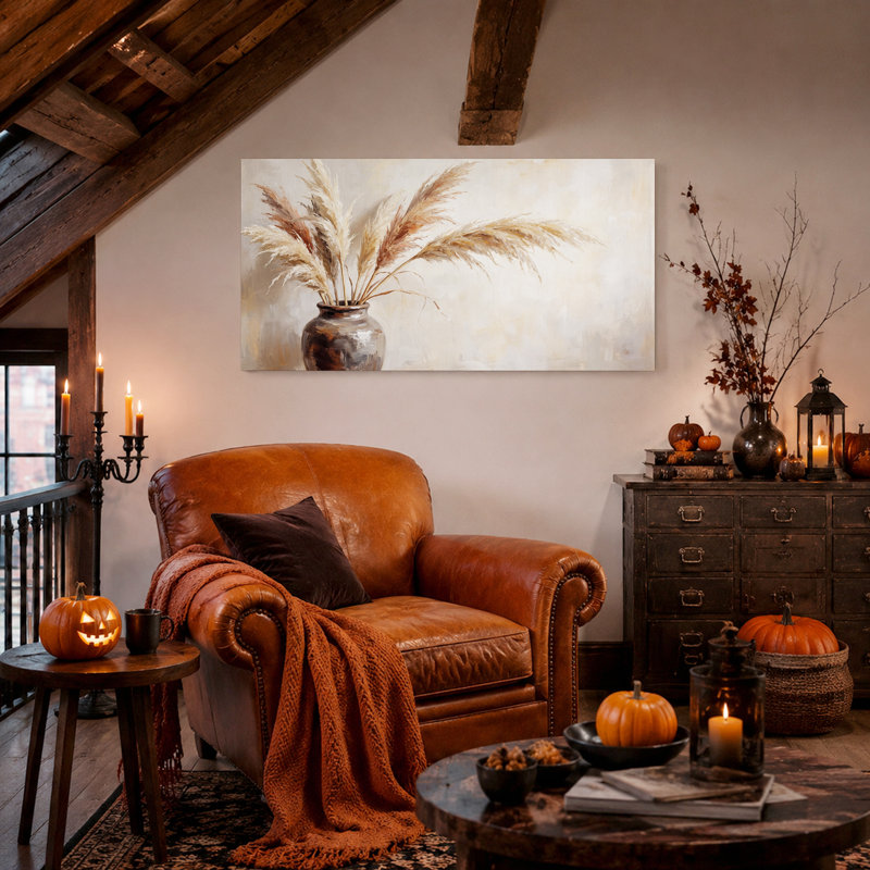 Art mural sur toile beige, herbe de la pampa dans un vase brun, 32“W x 16”H