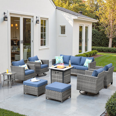 Harbin 7-Person Wicker/Rattan Patio Conversation Set With Cushions With Fire Pit