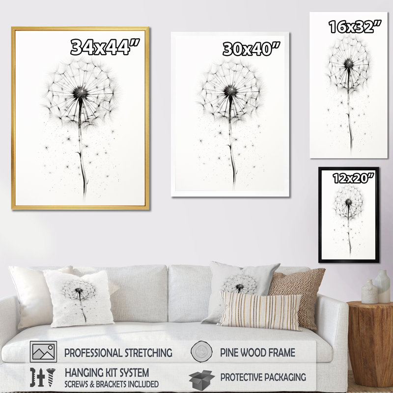 " White Minimalism Dandelion ", 32" H x 24" W x 1" D, Black Single Picture Framed