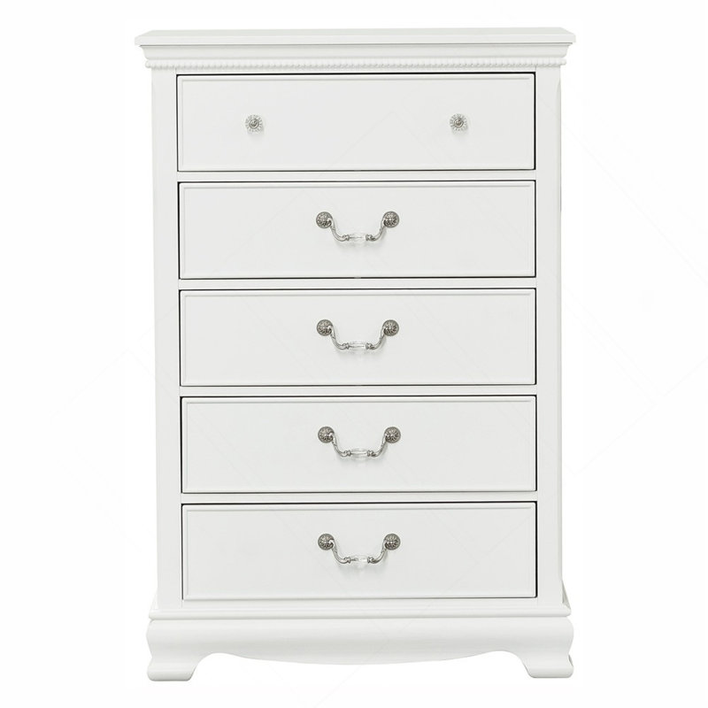 Mobilier de chambre à coucher classique en bois classique à finition blanche 1 pièce avec 5 tiroirs en queue d'aronde