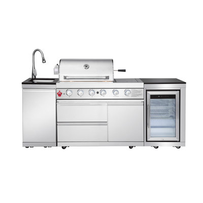 Outdoor Kitchen Island | 85" 6-Burner Bbq Grill Station With Refrigerator & Sink, 71500 Btu Propane, 304 Stainless Steel, Freestanding Combo With Storage Cabinets For Backyard Patio, Silver