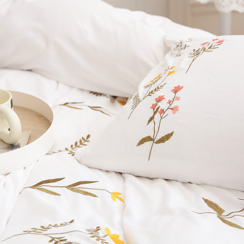 White Flower Pillow Cases Set of 2 Embroidery Flower Pillowcases King Size White Pastoral Pillow Covers Soft Washed Microfiber Girls Pink Yellow Flower Pillow Cases for Bedroom Decor
