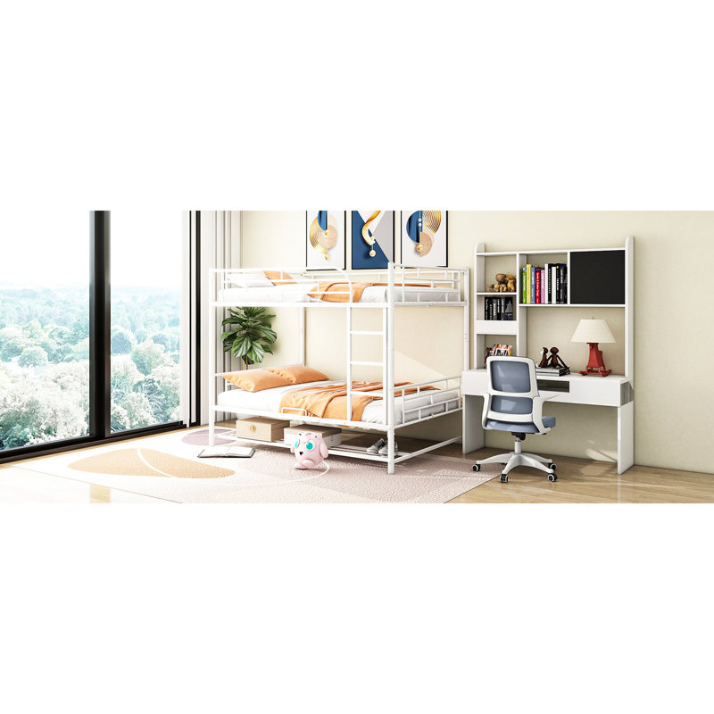 White Metal Full Over Bunk Bed With Shelf And Space Saving Solution - Convertible To Twins, Build In Modern Bedroom Essential, Easy Assemble