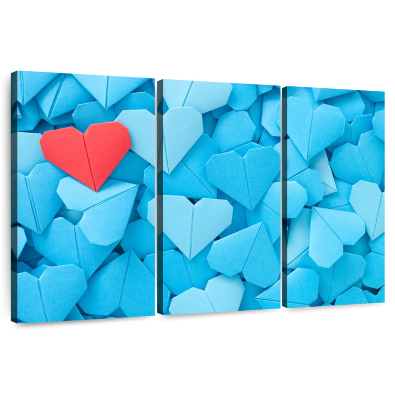 Hardie cœurs d'origami rouge et bleu, H 48 po x l 74 po