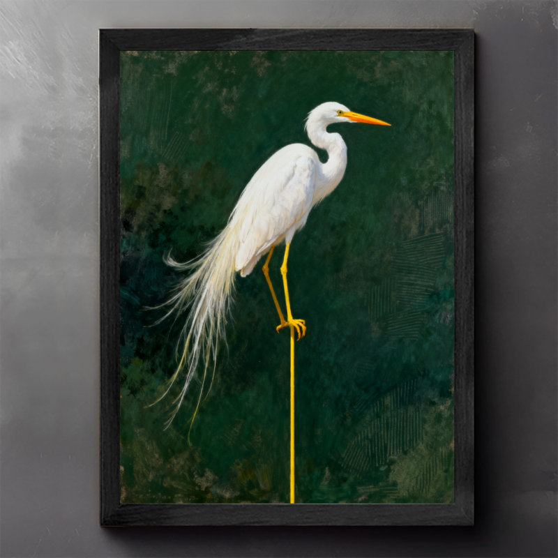 Aigrette blanche rétro encadrée noire - élégance et beauté naturelle, impressions murales de style rétro, H 37 po x l 25 po