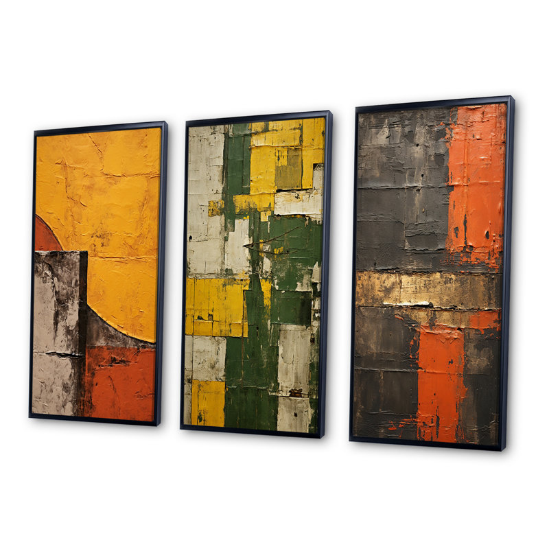 «Passage in Time Distress Orange on Black», ensemble de 3 impressions, Cadre flottant noir, H 40 po x l 60 po