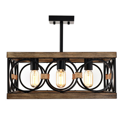 Luminaire carré pour îlot de cuisine 4 lumières pour salle à manger de style campagnard, plafonnier rectangulaire en bois et métal noir, plafonnier pour salon, salle de conférence, bureau à domicile
