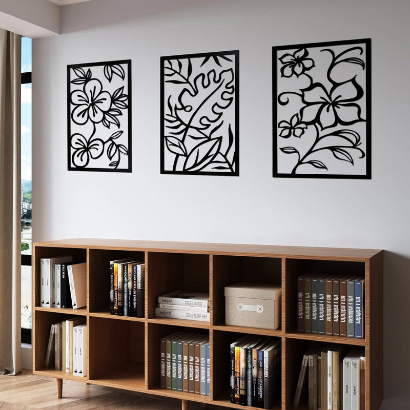 Three Piece Wall Decor With Floral Hollow Out Design And Black Metal Frame, Expertly Crafted From Metal, 3D Cut Visual Effect, 0.08 Inch Thickness For Use, Pre - Fitted Holes Easy Mounting, Adds