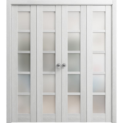 Portes coulissantes doubles pliantes pour placard 72 po x 96 po (4 x 18 x 96 po) Quadro 4002 Chêne gris clair avec verre dépoli, rails robustes, moulures, garnitures, quincaillerie, bois massif, portes de placard de chambre à coucher