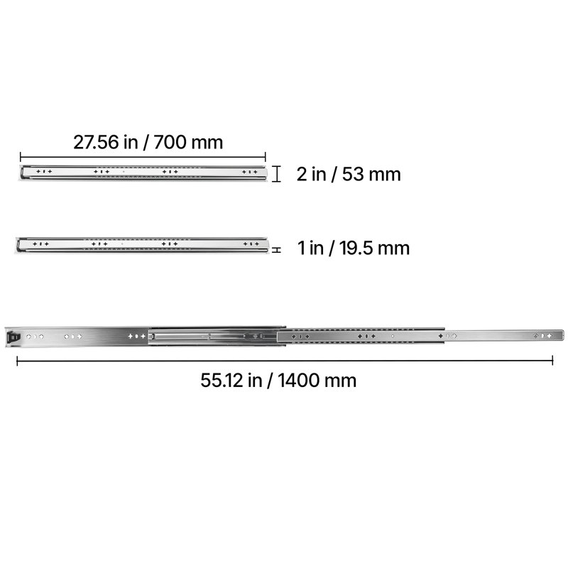 Glissières de tiroir robustes, rails de montage latéral de 71 cm (28 po) supportant une charge de 120 kg (265 lb), rails à billes à extension complète en 3 parties, 1 paire, pour cuisine, établi, VR, en acier au carbone, avec vis et écrous, conçus pour les armoires