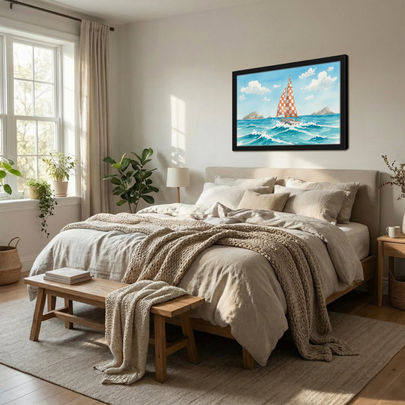 Paysage et nature voilier sur les vagues de l'océan avec voile à carreaux, H 20 po x l 30 po