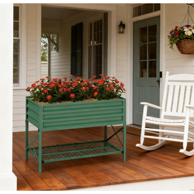 Spacious Gardening Bed,Metal Planter Box,Galvanized Raised Garden Bed,with Legs,Storage Shelf and Bed Liner, Green