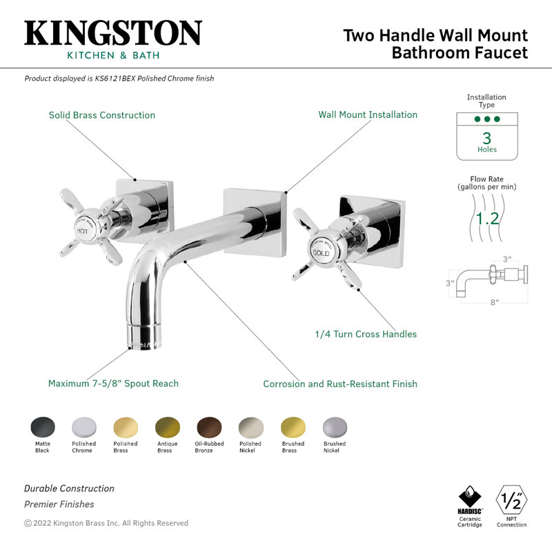 Kingston Brass Concord Two-Handle 3-Hole Wall Mount Bathroom Faucet, Matte Black, Lever