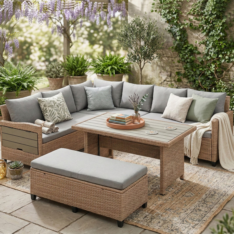 5-Piece Outdoor Patio Rattan Sofa Set, Sectional PE Wicker L-Shaped Garden Furniture Set with 2 Extendable Side Tables, Brown