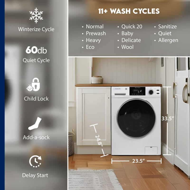 	Equator Super Washer 1.9cf/18lbs 15 wash cycle Quick 20 Sani Allergen 2 Min. Winterize ( Anti-freeze) Option 1400RPM White 110V