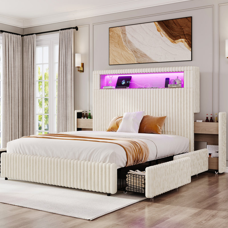 Smart Upholstered Bed Frame, Cream, King
