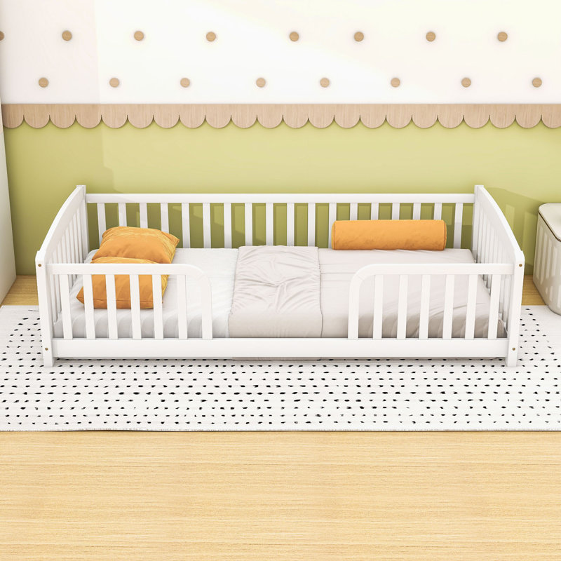 Lit de plancher moderne en bois avec garde-corps, Twin, White