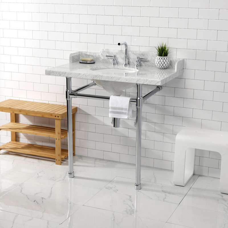 Kingston Brass Dreyden 36-Inch Carrara Marble Console Sink with Stainless Steel Legs (8-Inch, 3-Hole)