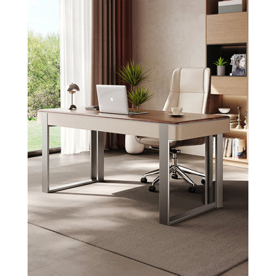 Solid Wood Top Desk with Stainless Steel Legs and Saddle Leather Wrapper