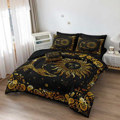 Black Gold Comforter Sets Sun and Moon Bedding Gold Stars Starry Sky Galaxy Theme Boho Chic Bedding Comforter Paisley Floral Botanical Exotic Comforter King Bed in A Bag