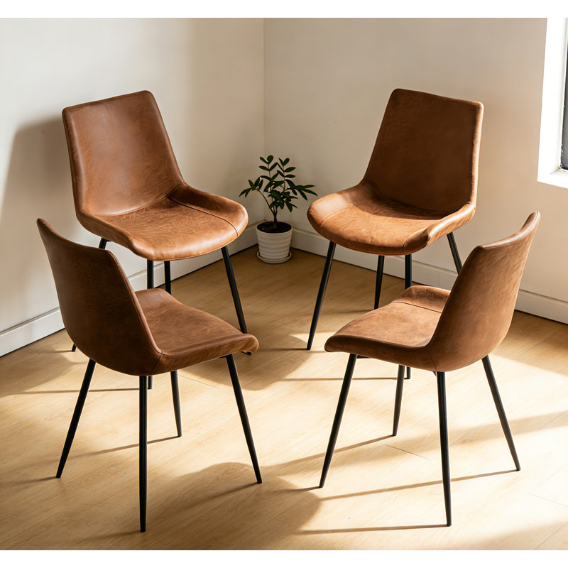 Brown Pu Leather Dining Chairs With Metal Leg, Set Of 4