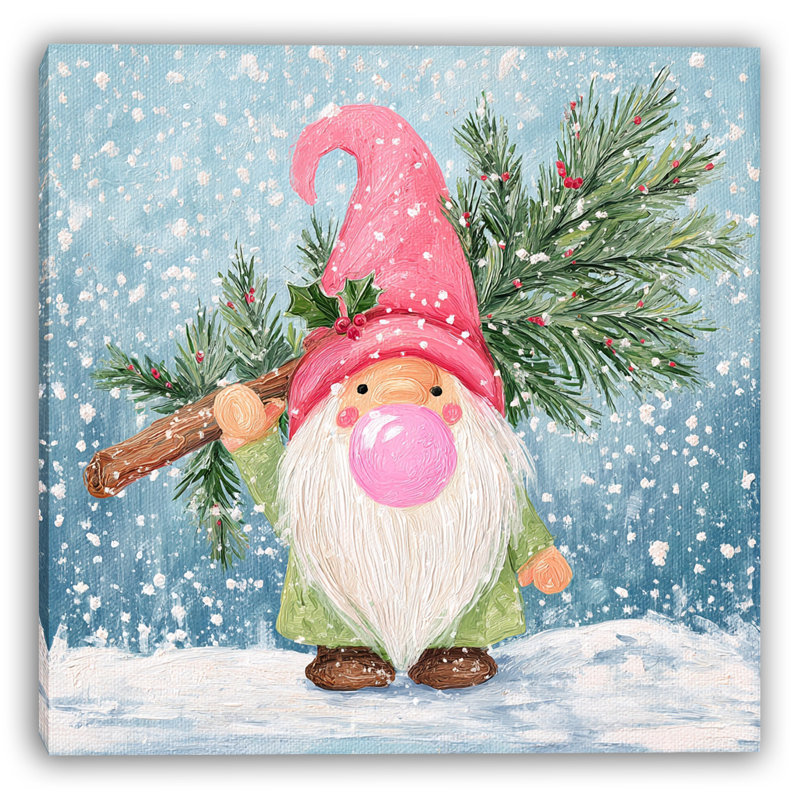 «Pink Hat Winter Gnome», art mural sur toile tendue, H 20 po x l 20 po