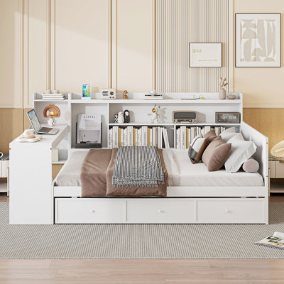 White Daybed With Spacious Drawers And Desk - Pine Wood Construction For Bedroom In 3 Storage Comfort